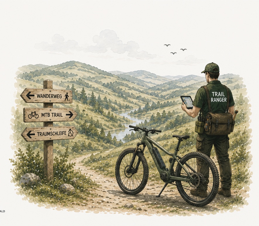 Trail Ranger mit E-Bike und Wegweisern in einer Mittelgebirgslandschaft.